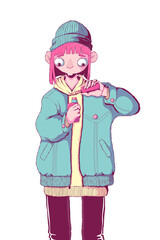 Teenager girl vaper stand and pours liquid into the vape mod. Vaper woman. Alternative to smoking. Quit smoking. Healthy lifestyle. Vector illustration in colorful cartoon style. Isolated on white 