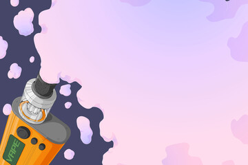 Vape mod with Rebuildable Dripping Tank Atomizer and cloud of vapor. Background with E-cigarette art and place for text. Vector illustration in cartoons style. Horizontal banner .