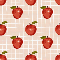 Vector seamless summer pattern with apples on retro geometry background.