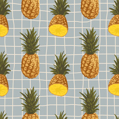 Vector seamless summer pattern with pineapples on retro geometry background.