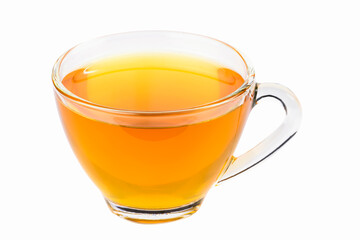 Glass cup of hot aromatic tea on white background