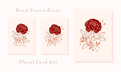 Hand drawn valentine card collection with rose flower elements