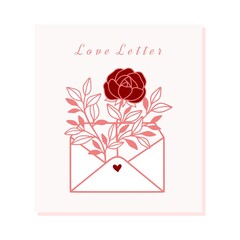 Valentine's day card template with rose flower, leaf branch, heart, and envelope element