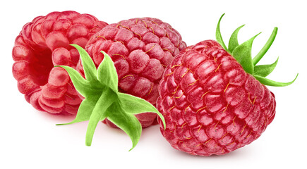 Raspberri berry with leaves isolated on white background