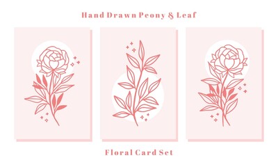 Hand drawn valentine card collection with rose and peony flower elements
