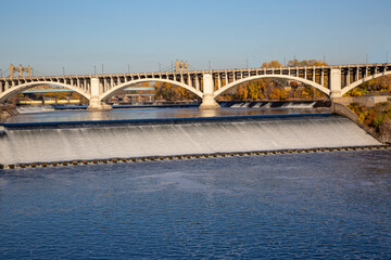 Lock and dams and bridges on the Mississippi River near downtown Minneapolis Minnesota USA
