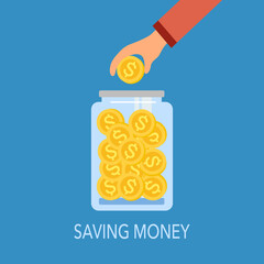 Save your money vector Illustration. Money savings campaign concept. Hand putting dollar coin to money jar in flat design.