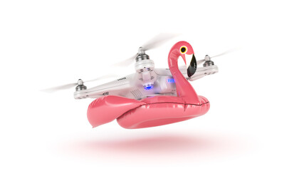 Drone on inflatable pink flamingo . 3d rendering