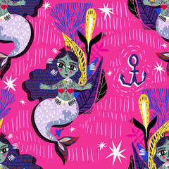 Folk spiritual cute boho flash style mermaid girl in the ocean seamless pattern.