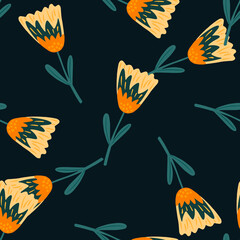 Contrast seamless pattern with orange flower doodle shapes. Black background.