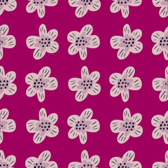 Simple botanic seamless doodle pattern with cute flower shapes. Bright pink background.