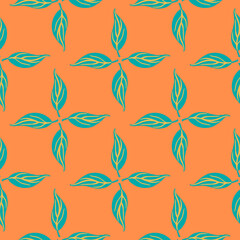 Bright abstract seamless pattern with blue leaf elements. Orange background. Contrast print.
