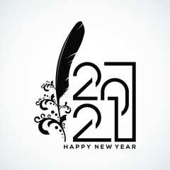 2021 New Year Illustration With Feather and Floral Ornaments. On black. Isolated on white background