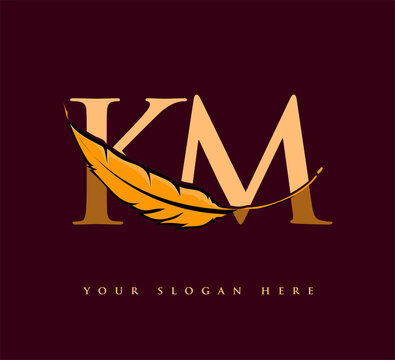 Initial letter KM logo with Feather Company Name, Simple and Clean Design. Vector Logo for Business and Company