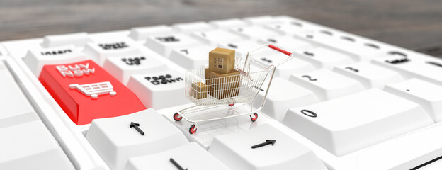 Online shopping concept. Shopping cart, small boxes, laptop on the desk. 3d rendering