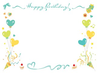 リボンやクラッカーやケーキの緑色のお誕生日フレーム