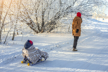 Mom is pulling a child on a sledge walking on a winter Sunny day out of doors. Baby wrapped in a...