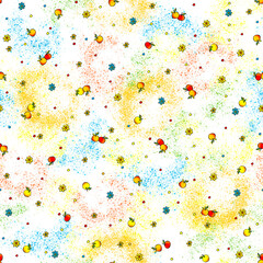 Seamless pattern for fabric for baby underwear: colored splashes, colored dots, apples and flowers isolated on white background