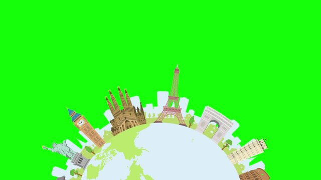 Travel, vacation, sightseeing animation banner (4K) . World heritage and world famous buildings. Green background for background transparent use.