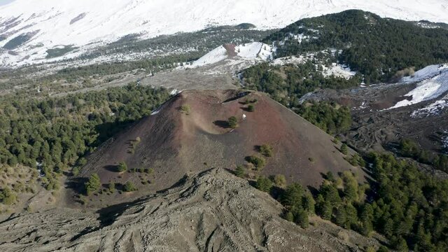 Aerial shot of Etna with a view of Monte Nuovo and the eruptive activities of 1763 and 1670 during the autumn. Etna, Sicily, Italy.