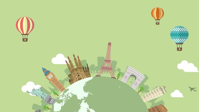 Travel, vacation, sightseeing animation banner (4K) . World heritage and world famous buildings. no text version.