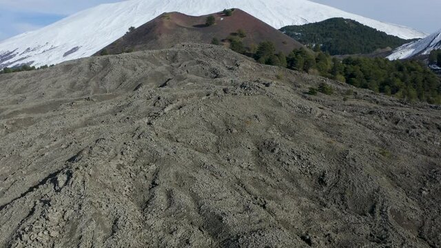 Aerial shot of Etna with a view of Monte Nuovo and the eruptive activities of 1763 and 1670 during the autumn. Etna, Sicily, Italy.
