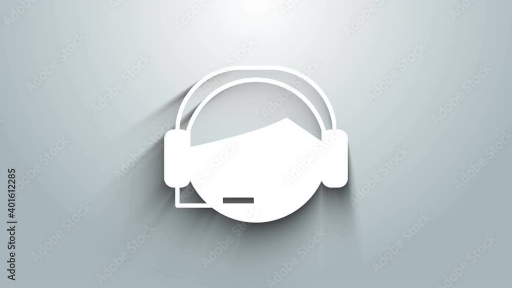 Poster white man with a headset icon isolated on grey background. support operator in touch. concept for ca