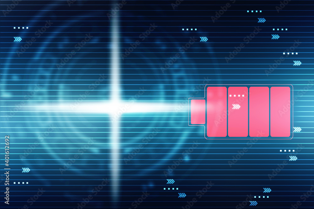 Poster 2d rendering electrical energy and power supply source concept, accumulator battery with charging le