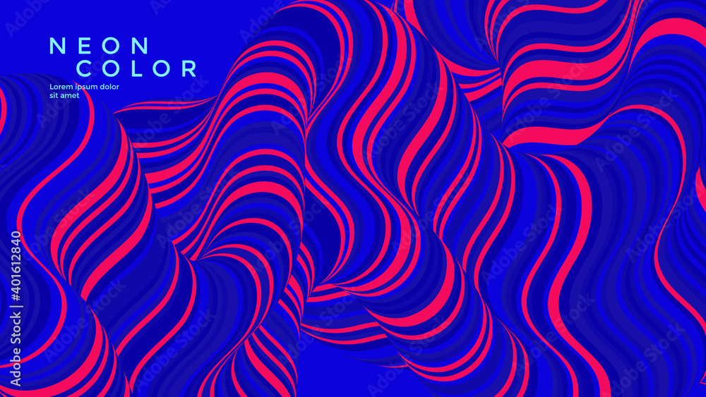 Wall mural red and blue neon optical fluid wave. duotone wavy line compositions. dynamic flow background design