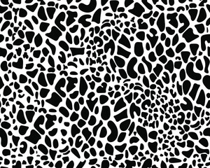 Seamless giraffe fur pattern. Black and white texture of animal skin. Abstract vector design for web, fabric, interior. Fashionable color combination. Dalmatian dog spots.