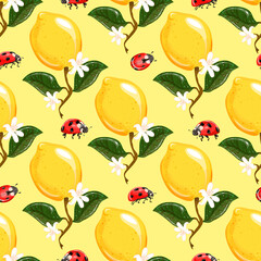 Tropical background with yellow lemons, ladybirds on a yellow background. Tropical summer fruits seamless pattern. Vector fabric design with lemons, flowers and ladybug.