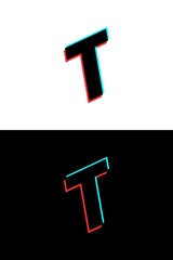 T letter font made of glitch, stereo effect. Dynamic, split red and blue color. For dj logo, electromusic posters, bright logo and more. Vector illustration