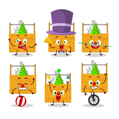 Cartoon character of wooden toolbox with various circus shows