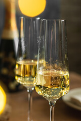 Celebrations with champagne, two glasses on the table
