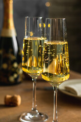 Celebrations with champagne, two glasses on the table