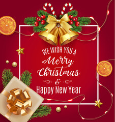 Vector stock We wish you a Merry Christmas and Happy New Year traditional classic design template. Jingle golden bells with bow, oranges, stars, fir tree and gift isolated on red Vector illustration.