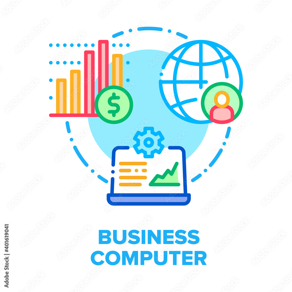 Poster business computer device vector icon concept. computer for remote working and analysis infographic, 