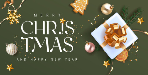 Merry Christmas and Happy New Year green Holiday background with white gift box with gold bow and fir tree , christmass balls, gold deer and lights. Festive Greeting Xmas decoration in green. Vector.