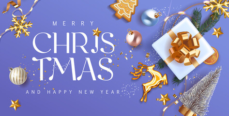 Merry Christmas and Happy New Year blue violet Holiday background with gift box with gold bow fir tree branches, christmass balls, gold deer and lights. Festive Xmas decoration in soft violet. Vector.