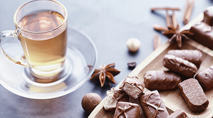 Chocolate bars on a black background in backlight. Chocolate with filling. Sweet sweets for snack and tea.