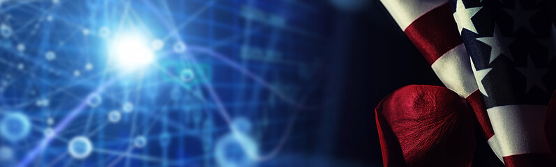 American flag and rose flower on the table. Symbol of the United States of America and red petals. Patriotism and memory.