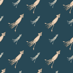 Underwater seamless pattern with beige and grey colored ocean squids ornament. Turquoise background.