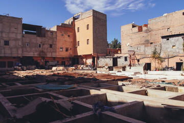 Traditional craft in Morocco, dying leather in tanneries of Marrakech