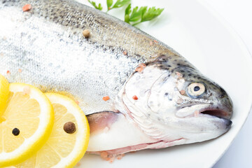 Raw rainbow trout marinated in fresh herbs and lemon for cooking on a plate in close-up