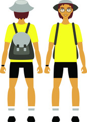 Vector illustration-a traveler in a yellow sports t-shirt and with a backpack close-up isolated. The front and the back.