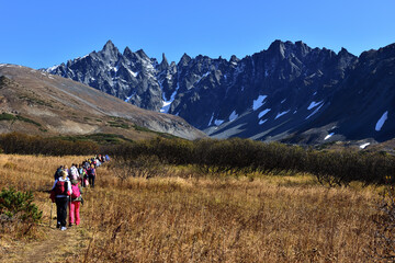 Obraz premium Mountain range Ganalskie Vostryak in autumn in Kamchatka