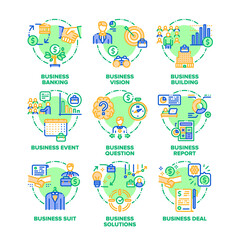 Business Goal Set Icons Vector Color Illustrations. Business Vision, Solutions And Realization, Event And Deal Agreement, Banking And Office Building, Question And Report. Color Illustrations