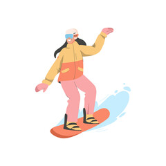 Woman in uniform is riding snowboard