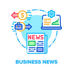 Business News Vector Icon Concept. Business Newspaper And Online Analytics Process, Economic Information And Financial Article Publication. Digital Internet Daily Journal Color Illustration
