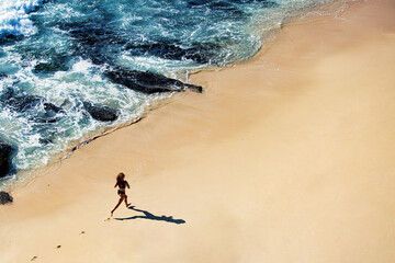 beautiful girl walks along the wild beach. amazing top view..high quality photo